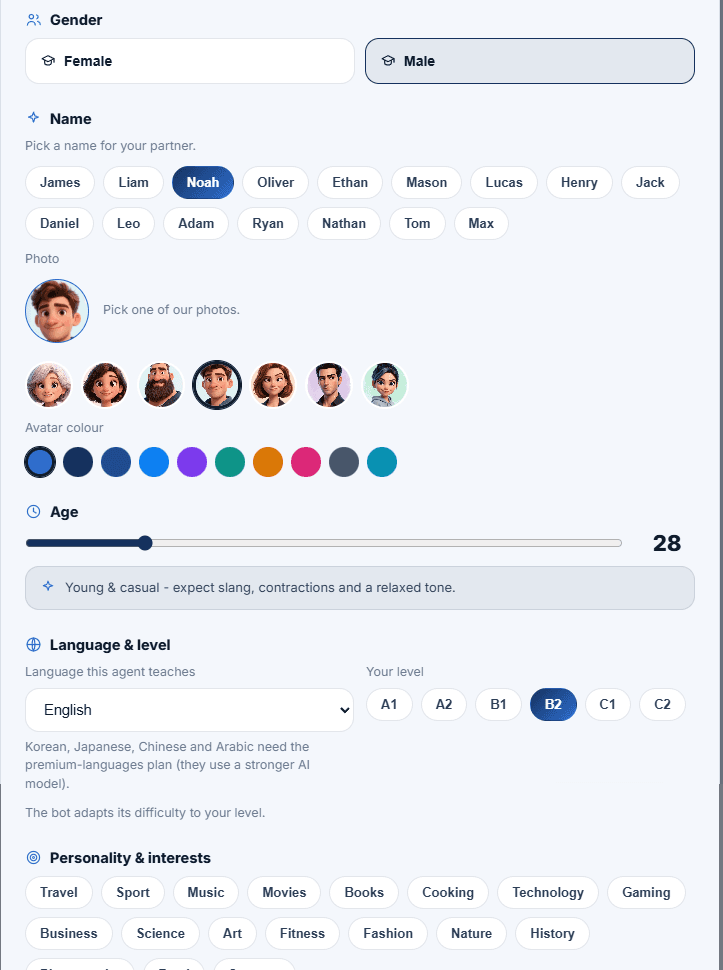 Student panel: agent creator - name, photo, age, language level